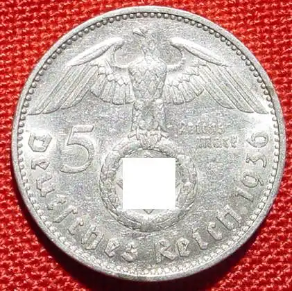(1039668) Deutsches Reich. 5 Reichsmark 1936 J. Jaeger-Nr. 367. Silbermuenze 900-er Silber !