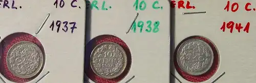 () 7 Muenzen Niederlande. 10 Cents ab 1914 bis 1941. Uebliche Umlaufqualitaet