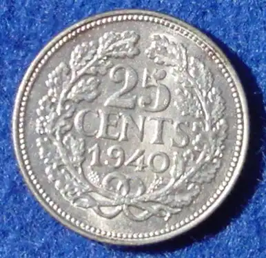 (1039769) Muenze. 25 Cents 1940. Niederlande. Silbermuenze. Sehr gut erhalten !