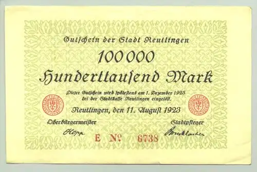 Reutlingen 100T Mark 11.8.1923 (intern : 1015133)