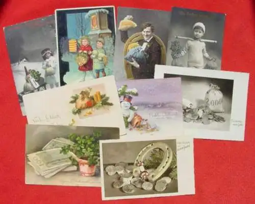 Neu : Versandkosten ab Euro 1,60 (intern : )  9 x hübsche, alte Ansichtskarten mit Geldmotiven, zum Teil postalisch gelaufen ab 1909-1955.