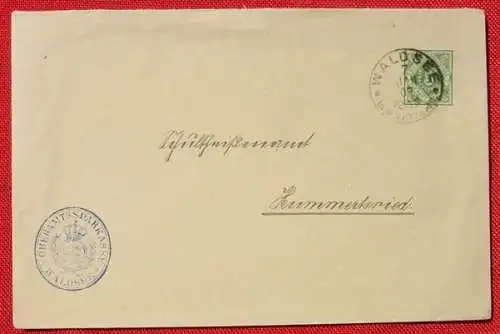 () Hübsches, altes Briefkuvert mit aufgedruckter Postmarke 5 Pfennig. Dienstmarke. Poststempel Waldsee in Württemberg 7. Jan. 1907. Links unten blauer, ovaler Dienststempel : Oberamtssparkasse Waldsee. Rundum noch recht gut erhalten.  #...