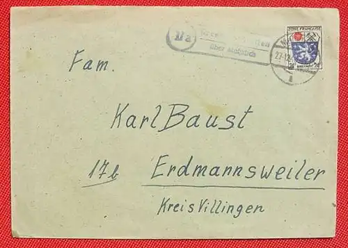  (-88637) Briefkuvert mit Posthilfestempel. Brief Messkirch 27. 12. 1946. Posthilfestempel Kreenheinstetten (etwas undeutlich).