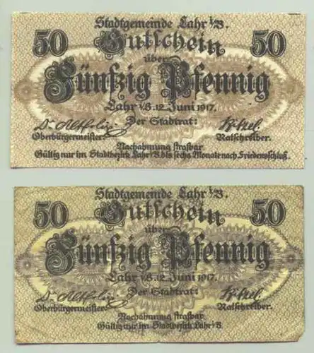 77933 Lahr Notgeld / Kriegsgeld 2 x 50 Pf. 1917 (1028580)