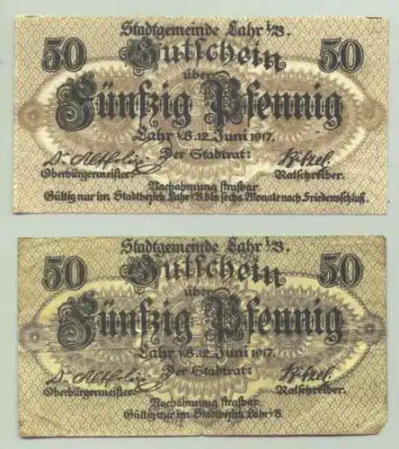 77933 Lahr Notgeld / Kriegsgeld 2 x 50 Pf. 1917 ()