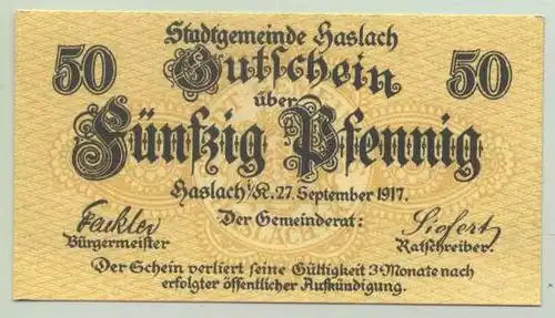 Haslach Gutschein 50 Pfennig 1917 (1028582) Notgeld