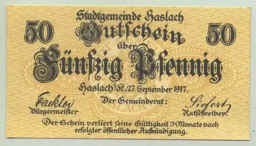 Haslach Gutschein 50 Pfennig 1917 () Notgeld