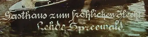 Lehde, Spreewald 1906 # Brandenburg ()  "Gasthaus zum Froehlichen Hecht. Lehde, Spreewald". Hugo Gutte & Co. Görlitz 1906. Herrliches Foto hinter dickem Glas. Vermutlich handkoloriert. Das Bild ist zudem noch zum Teil mit leuchtenden / bzw....