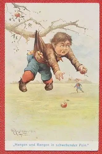 (1047756) Künstlerkarte "Hangen und Bangen ... " Apfeldieb. Max Kuglmayer, München 1910, CA No. 4163, etwas fleckig, siehe bitte Bilder
