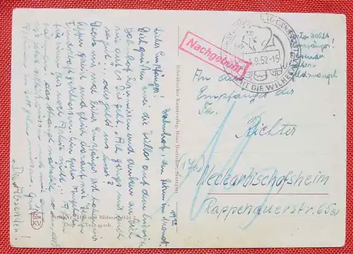 (1047723) "Auf de schwäbische Eisebahne". Ansichtskarte mit Sonderstempel Stuttgart Bad Cannstatt 1. 9. 1952 nebst rotem Nachgebühr-Stempel. Versandkosten ab Euro 1,20