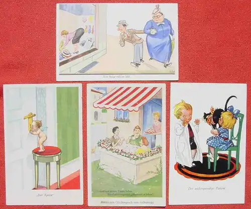 (1047724) Humor, 4 Karten ab 1919, hübsche Motive, siehe bitte Bilder, Gebrauchsspuren. Versandkosten ab Euro 1,50