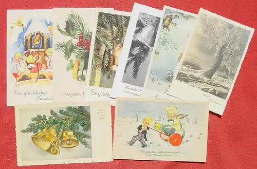 (1047735) Acht hübsche alte Glückwunschkarten Neujahr, um 1950-er Jahre, sehr nostalgisch, siehe bitte Bilder