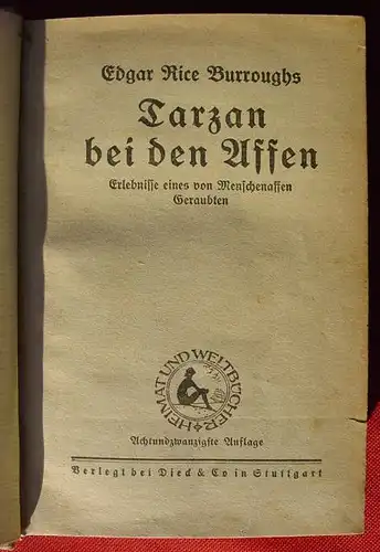 (0100893) Edgar Rice Burroughs "Tarzan bei den Affen". Dieck, Stuttgart 1924