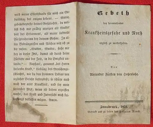 Uraltes Gebetsblaettchen "bey Krankheitsgefahr und Noth" 1831 ()