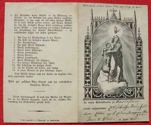 Gebethsverein Aufnahmeblatt, ausgefuellt 1861 mit Heiligenbild "heil. Maria" ()