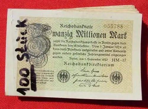 Versandkosten NEU : ab Euro 3,00 / BRD. (intern 1031011) Geldscheine.  Ein Bündel Banknoten mit 100 original Reichsbanknoten zu je 20 Million Reichsmark des Deutschen Reiches vom 1. September 1923. Mehr oder weniger gebraucht.