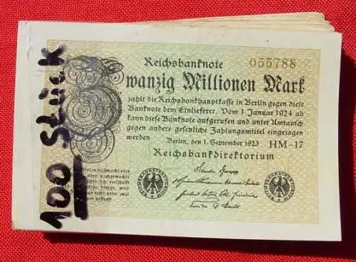 Versandkosten NEU : ab Euro 3,00 / BRD. (intern ) Geldscheine.  Ein Bündel Banknoten mit 100 original Reichsbanknoten zu je 20 Million Reichsmark des Deutschen Reiches vom 1. September 1923. Mehr oder weniger gebraucht.