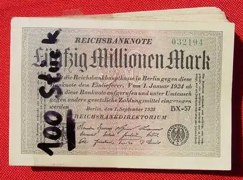 100 x Banknoten zu je 50 Million Reichsmark 1. Sept. 1923 (1031012) Geldscheine