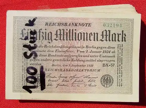 100 x Banknoten zu je 50 Million Reichsmark 1. Sept. 1923 () Geldscheine