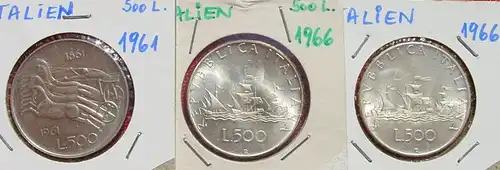 3 x Italien Silbermuenzen 500 Lire 1961-1966 (1038248)