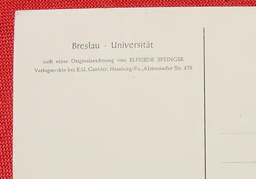 () Ansichtskarte. Breslau - Universität. Polen. Künstler-Zeichnung von Elfriede Springer. Unbeschrieben, kleine Gebrauchspuren. !! Kein Verkauf an Marius U. aus Polen !! Versandkosten BRD ab Euro 1,20 / Europa ab 1,70