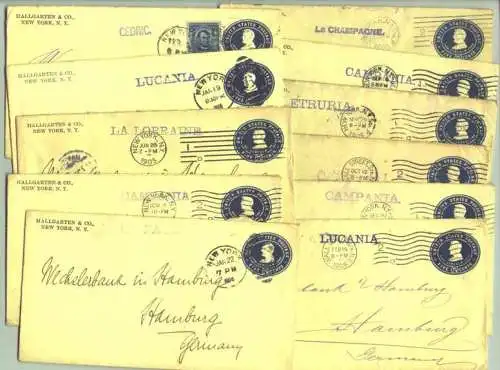 USA Schiffe-Stemp. auf 11 Kuverts 1904-06 () Kuverts USA mit Schiffsnamen-Stempeln. 11 Ganzsachen-Kuverts USA (eingedruckte 5 Cents-Werte) postalisch gelaufen von New York N.Y. in der Zeit 1904 bis 1906 nach Deutschland. Jedes Kuvert...