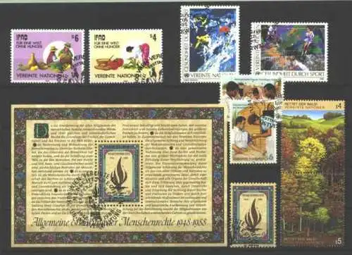 () Philatelie. Kleine UNO-Partie 1980-er Jahre. 5 Steckkarten voll mit Sondermarken / Briefmarken. Unzählige, postfrische Sondermarken der Vereinten Nationen (österr. Schilling-Währung), die mit Sonderstempeln entwertet sind. 1980-er Jahre....