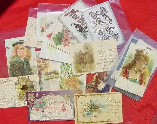 (1025569) 14 hübsche alte Ansichtskarten mit aufgebrachtem Glimmer- Glitzer, o. ae. , postalisch gelaufen 1900-1922