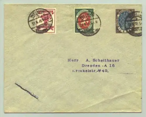 (intern : ) Briefkuvert mit eingedruckter Sondermarke / Ganzsache 15 Pf. Deutsche Nationalversammlung 1919. Daneben 2 andere Marken zum Thema. Alle mit entsprechenden Sonderstempel vom 21. 8. 1919. 
