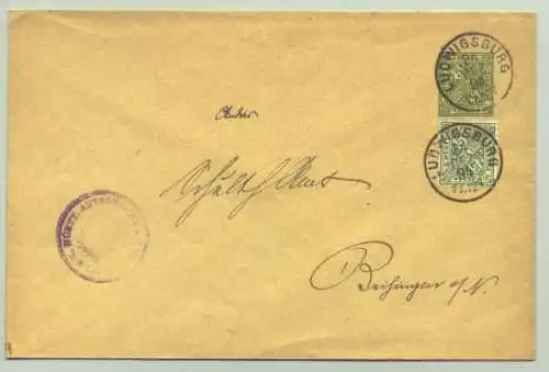 (intern : ) Briefkuvert mit eingedruckter Wertmarke (Ganzsache) zu 5 Pfennig Württemberg und hinzugeklebter Briefmarke 5 Pfennig. Amtlicher Verkehr. Stempel von Ludwigsburg 1894