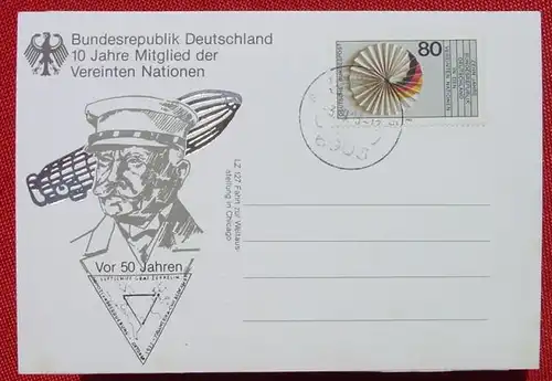 (1038649) Graf Zeppelin. Postkarte 10 Jahre Mitglied UNO. Ruecks. Block, gest. 3. 9. 1983