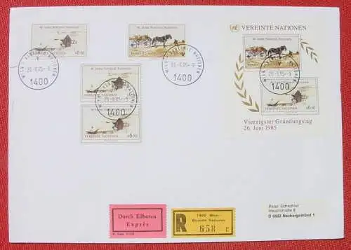 Neu : Versandkosten ab Euro 2,50 () Wien. Vereinte Nationen. 40 Jahre UNO. Eilboten. Einschreiben. Kuvert 26. Juni 1985  Format ca. 23 x 16 cm, postalisch gelaufen, kleine Randfehler.