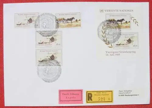 Neu : Versandkosten ab Euro 2,50  () Wien. Vereinte Nationen. 40 Jahre UNO. Eilboten. Einschreiben. Kuvert 26. Juni 1985  Format ca. 23 x 16 cm.