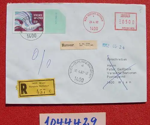 () Brief nach Wien Vereinte Nationen u. retour. Diverse Stempel 1982. Freistempel