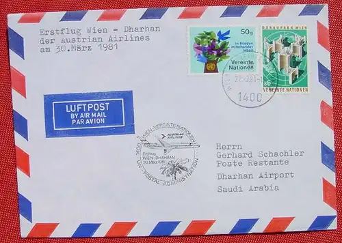 (1045145) Vereinte Nationen. Luftpost. Erstflug Wien Dharhan 1981, diverse Stempel # UNO