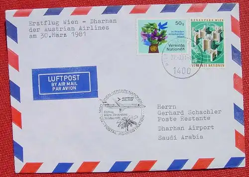 () Vereinte Nationen. Luftpost. Erstflug Wien Dharhan 1981, diverse Stempel # UNO