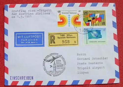 (1045146) Vereinte Nationen. Luftpost. Erstflug Wien Tripoli 1981. Einschreiben. Diverse Stempel # UNO