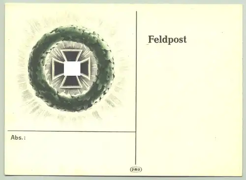 (1047862) Original Feldpostkarte mit farbigem Bild eines EK mit HK umgeben von Eichenkranz. Um 1940, siehe bitte Beschreibung u. Bild
