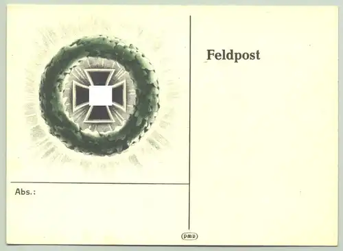 () Original Feldpostkarte mit farbigem Bild eines EK mit HK umgeben von Eichenkranz. Um 1940, siehe bitte Beschreibung u. Bild