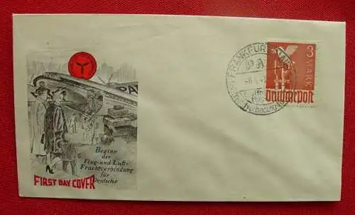 (intern : ) : FDC 6. 4. 1948. Selten ! First Day Cover. Beginn der Flug- und Luftfrachtverbindung fuer Deutsche. Sehr gut erhaltenes Kuvert mit 3 Mark-Marke "Deutsche Post" nebst Sonderstempel "Frankfurt / Main" 6.4.1948 ..... 