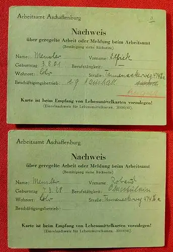 Aschaffenburg. 2 x Arbeits-Nachweis 1945 (1012444)