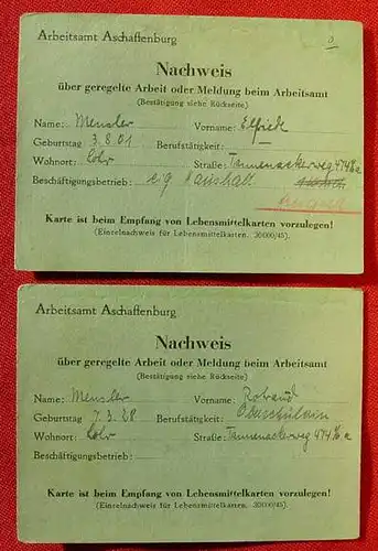 Aschaffenburg. 2 x Arbeits-Nachweis 1945 ()