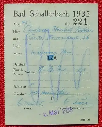 ()  Kurkarte von Bad Schallerbach Nr. 221 von 1935. Ausgefuellt, Stempel v. 6. Mai 1935