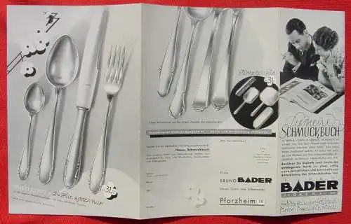 ! Neu u. gültig : Versandkosten ab Euro 2,50 ! ()  BADER, Pforzheim. Preisliste 1930er Jahre ?  Faltblatt-Preisliste der Fa. BADER, Pforzheim. Aufgefaltet ca. 34 x 21 cm. Zahlreiche Abbildungen nebst Preisangaben in Mark (Schmuck, Uhren,...