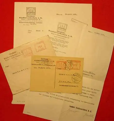 Österreich. Radioverkehrs AG. 1933 () : Brief (A 4) mit Briefkopf der " RAVAG "  Österreich. Radioverkehrs AG, vom 24.4.1933 über eine Radio-Vortragsbestätigung,  Stempel,  2 Unterschriften, Briefkuvert zum Brief mit Frei- u. Absender...