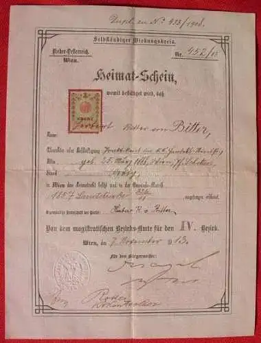 ! Neu u. gültig : Versandkosten ab Euro 2,50 !  ()  Heimat-Schein von Nieder-Oesterreich WIEN von 1913.  Rosa Papier mit Unterdruck, Praegestempel und Gebuehrenmarke zu 1 Krone, Wien 7. 11. 1913. Format ca. 20 x 27 cm. Gefaltet. Hübsche Urkunde.