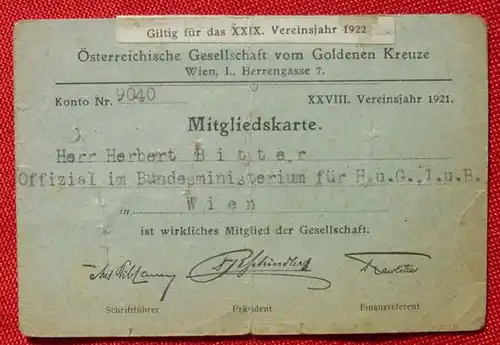 Wien. Mitgliedskarte 1921 Goldenes Kreuz (0070080)