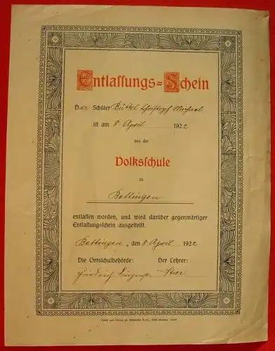 (0080340) Schul-Entlassungs-Schein der Volksschule Bettingen vom 8. 4. 1922