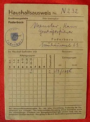 Haushaltsausweis. Paderborn 1947 (1012446)