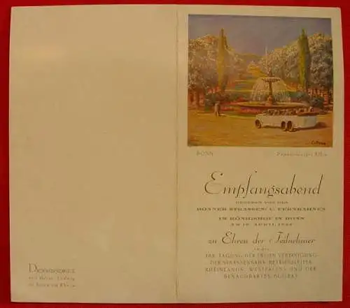 Neu + gültig : Versandkosten ab Euro 1,50 (intern ) BONN 1928 Königshof. Einladungskarte, bzw. Speisenkarte zum Empfangsabend im Königshof in Bonn am 10. April 1928 : '105. Tagung der Strassenbahner'. Aufgefaltet ca. 21,5 x 19 cm.